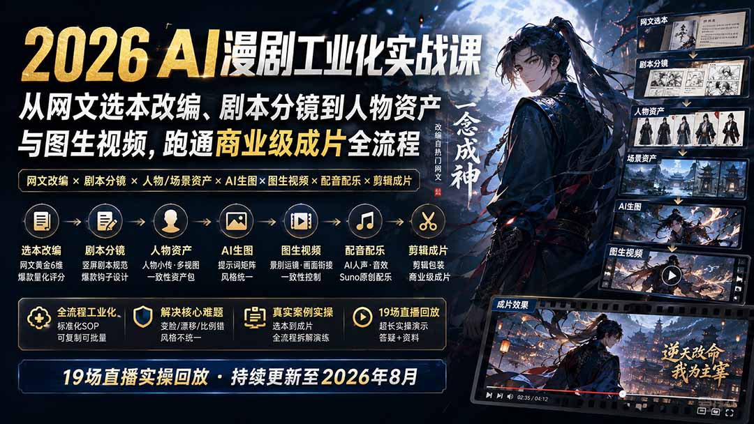 2026 AI漫剧工业化实战课-更新：从网文选本改编、剧本分镜到人物资产与图生视频，跑通商业级成片全流程-985网创