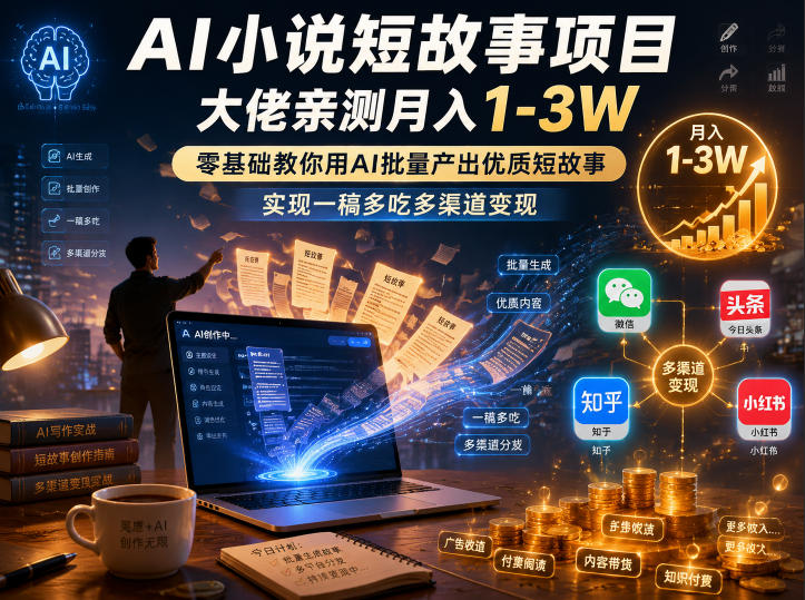 AI小说短故事项目，大佬亲测月入1-3W，零基础教你用AI批量产出优质短故事，实现一稿多吃多渠道变现-985网创