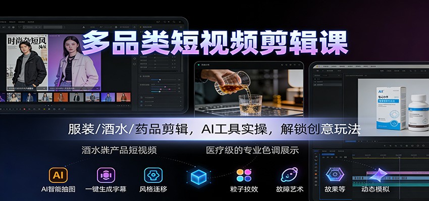 多品类短视频剪辑课：服装/酒水/药品剪辑，AI工具实操，解锁创意玩法-985网创