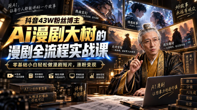 抖音43W粉丝博主Ai漫剧大树的漫剧制作全流程实战课，零基础小白轻松做漫剧短片，涨粉变现(更新1027)-985网创