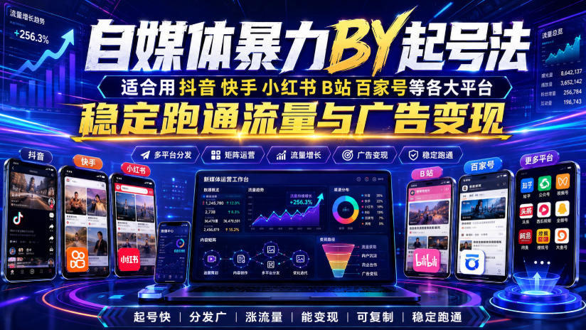 自媒体暴力搬运起号法，适合用抖音快手小红书B站百家号等各大平台，稳定跑通流量与广告变现-985网创
