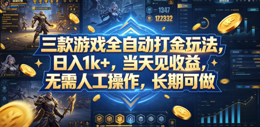 三款游戏全自动打金玩法，日入1k+，当天见收益，无需人工操作，长期可做【揭秘】-985网创