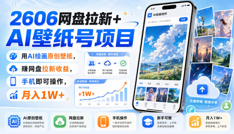2606网盘拉新+AI壁纸号项目，用AI绘画原创壁纸，賺网盘拉新收益，手机即可操作，月入1W+-985网创