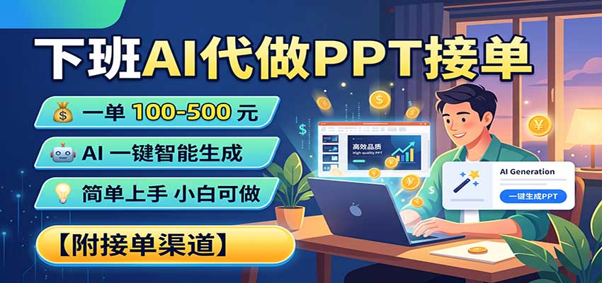 下班AI代做PPT接单，一单100-500，AI一键生成，小白也能做，附接单渠道-985网创