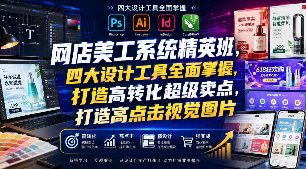 网店美工系统精英班，四大设计工具全面掌握，打造高转化超级卖点，打造高点击视觉图片（2026年7月）-985网创