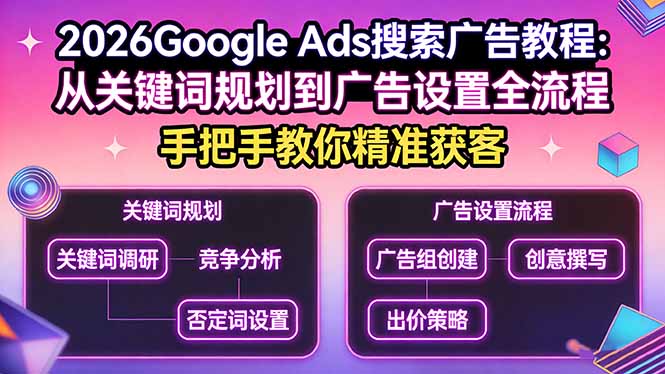 2026Google Ads搜索广告教程：从关键词规划到广告设置全流程，手把手教你精准获客-985网创
