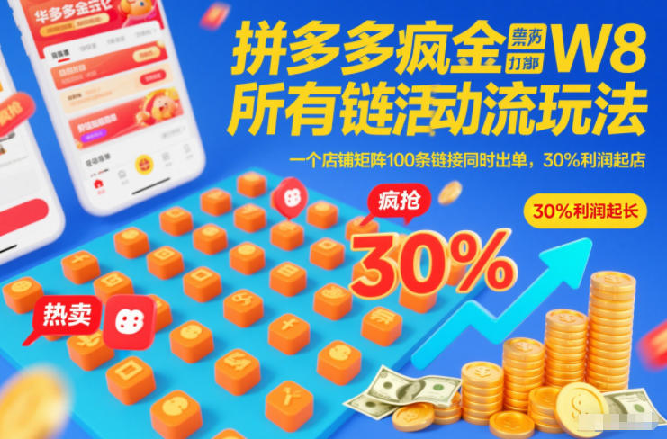 拼多多疯狂活动流玩法，所有链接全部打标，一个店铺矩阵100条链接同时出单，30%利润起店-985网创