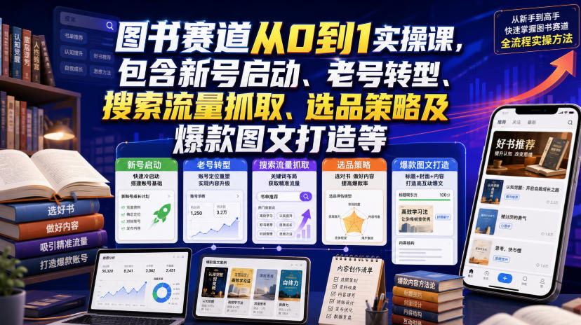 图书赛道从0到1实操课，包含新号启动、老号转型、搜索流量抓取、选品策略及爆款图文打造等-985网创