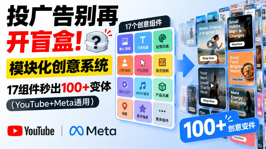 投广告别再开盲盒！模块化创意系统，17组件秒出100+变体(YouTube+Meta通用)【原创双语字幕】-985网创