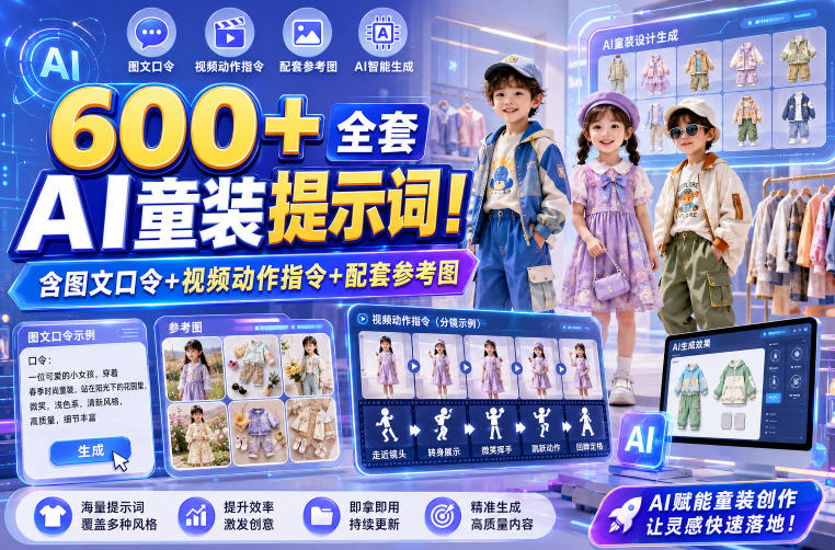 600+全套AI童装提示词！含图文口令+视频动作指令+配套参考图，Word-Excel规整分类，童装电商、种草无脑量产内容！-985网创