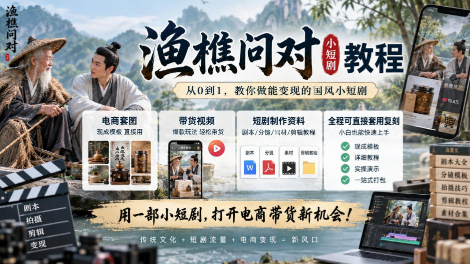 渔樵问对小短剧教程，包含电商套图、带货视频，短剧制作资料，全程可直接套用复刻-985网创