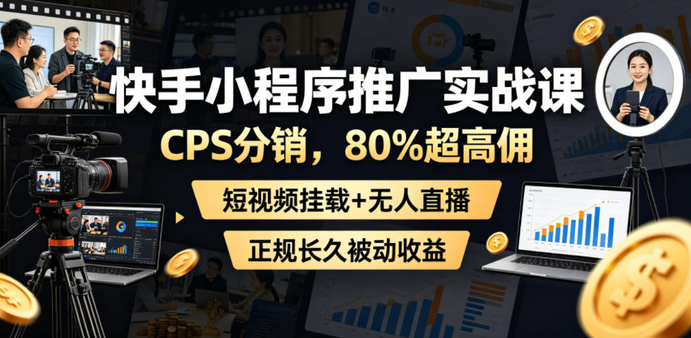 快手小程序推广实战课，CPS分销，80%超高佣，短视频挂载+无人直播，正规长久被动收益-985网创