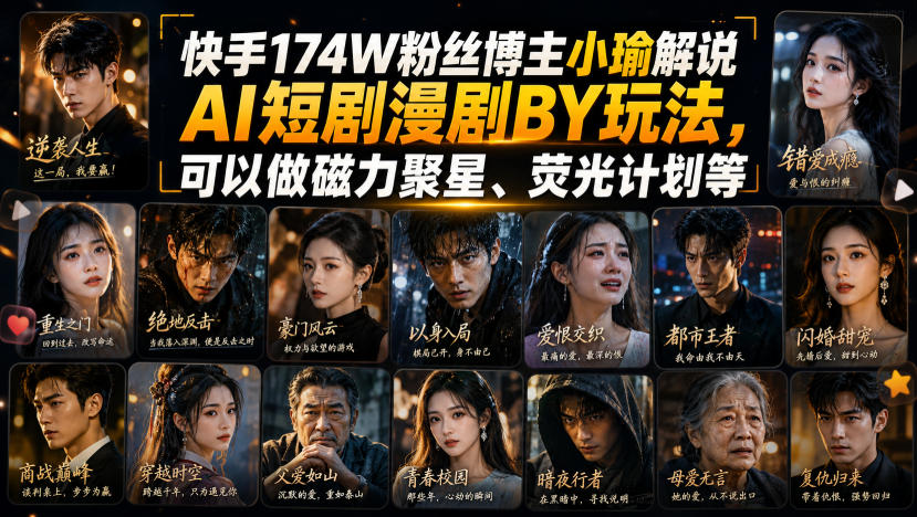 快手174W粉丝博主小瑜解说AI短剧漫剧搬运玩法，可以做磁力聚星、荧光计划等-985网创