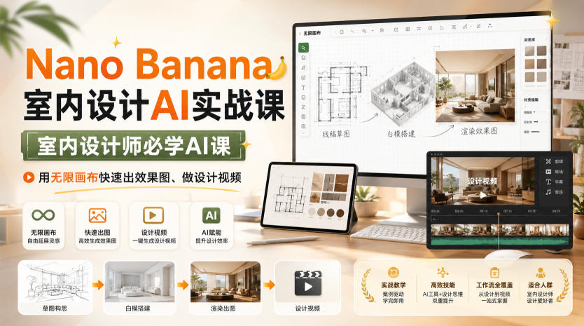 Nano Banana室内设计AI实战课，室内设计师必学AI课，用无限画布快速出效果图、做设计视频-985网创