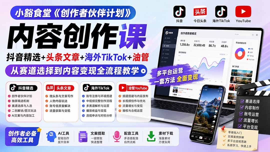 小豁食堂《创作者伙伴计划》内容创作课：抖音精选+头条文章+海外TikTok+油管，从赛道选择到内容变现全流程教学-985网创