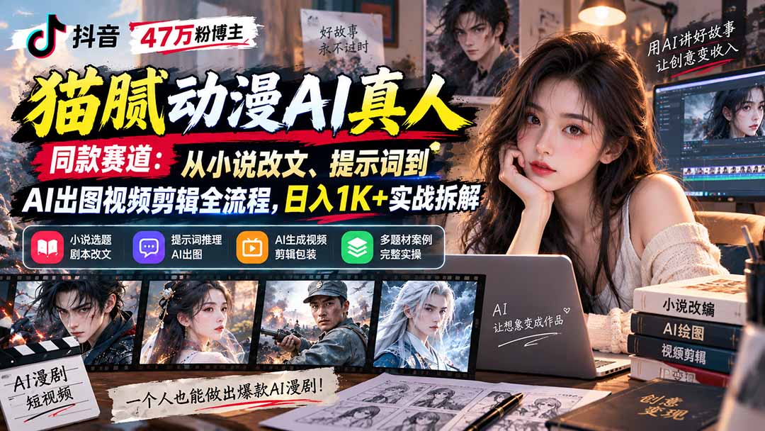 抖音47万粉博主猫腻动漫AI真人同款赛道：从小说改文、提示词到AI出图视频剪辑全流程，日入1K+实战拆解-985网创