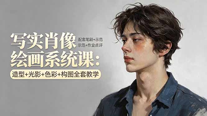 写实肖像绘画系统课：造型+光影+色彩+构图全套教学，配套笔刷+示范+作业点评-985网创