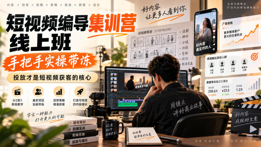 短视频编导集训营线上班，手把手实操带冻，投放才是短视频获客的核心-985网创