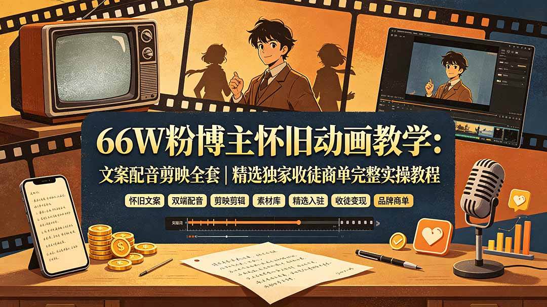 （19499期）66W粉博主怀旧动画教学：文案配音剪映全套｜精选独家收徒商单完整实操教程-985网创