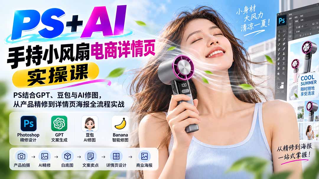 PS+AI手持小风扇电商详情页实操课：PS结合GPT、豆包与AI修图，从产品精修到详情页海报全流程实战-985网创
