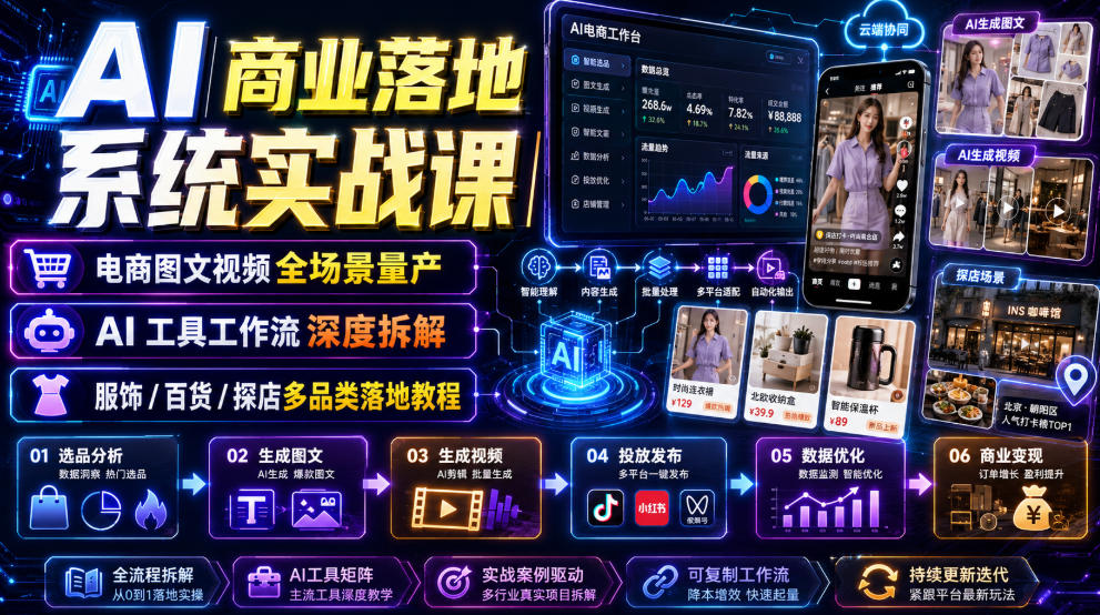 AI商业落地系统实战课｜电商图文视频全场景量产・AI工具工作流深度拆解・服饰/百货/探店多品类落地教程-985网创