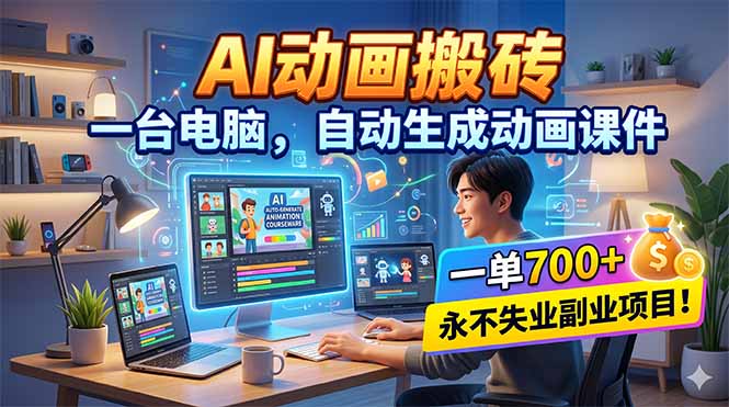 AI动画搬砖，一台电脑，自动生成动画课件，一单800+  永不失业副业项目！-985网创