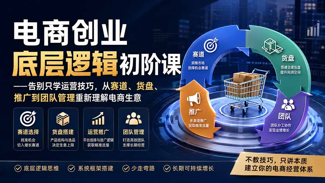 电商创业底层逻辑初阶课——告别只学运营技巧，从赛道、货盘、推广到团队管理重新理解电商生意-985网创