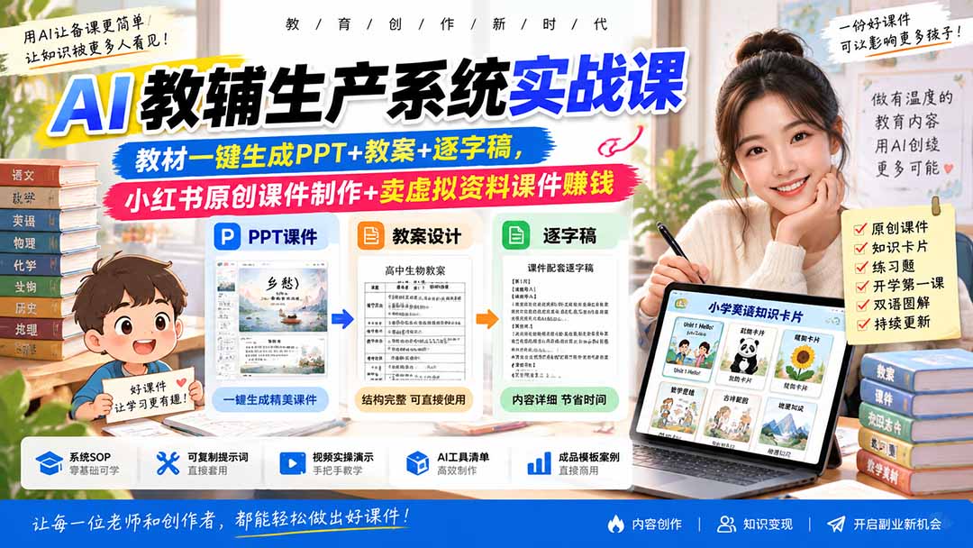AI教辅生产系统实战课-更新0926｜教材一键生成PPT+教案+逐字稿，小红书原创课件制作+卖虚拟资料课件赚钱-985网创