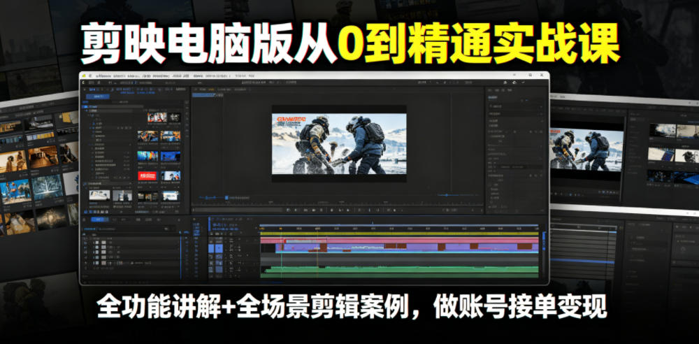 剪映电脑版从0到精通实战课，全功能讲解+全场景剪辑案例，做账号接单变现-985网创