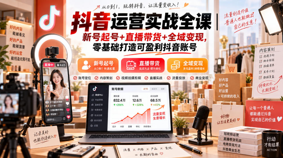 抖音运营实战全课｜新号起号+直播带货+全域变现，零基础打造可盈利抖音账号-985网创