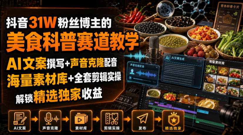 抖音31W粉丝博主的美食科普赛道教学，AI文案撰写+声音克隆配音+剪辑实操，解锁精选独家收益-985网创