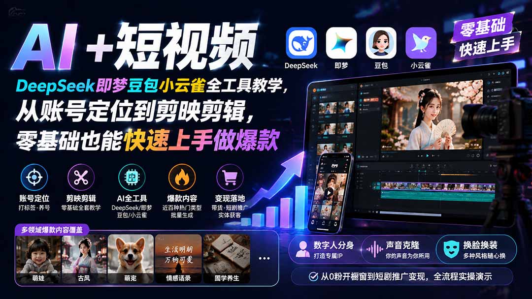 AI+短视频｜DeepSeek即梦豆包小云雀全工具教学，从账号定位到剪映剪辑，零基础也能快速上手做爆款-985网创