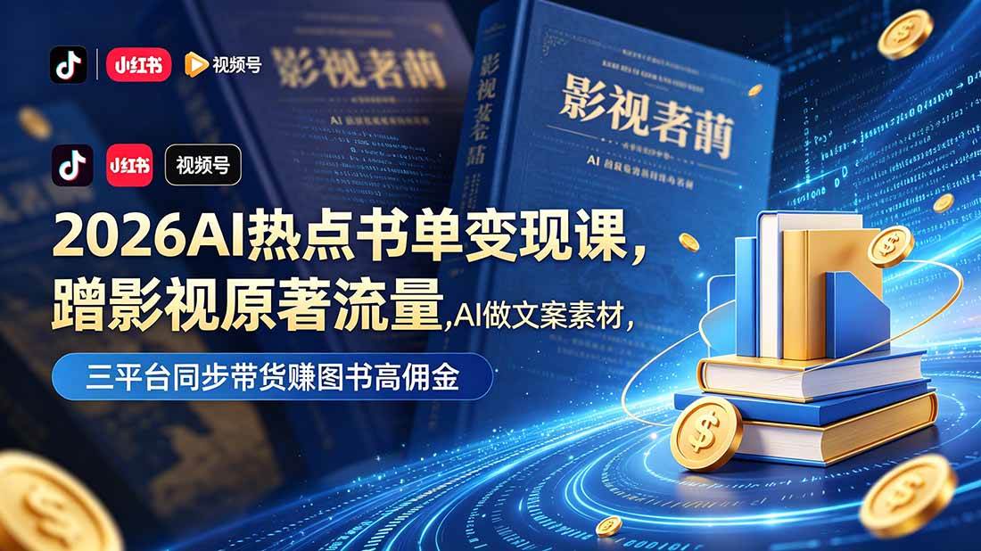 （18727期）2026AI热点书单变现课，蹭影视原著流量，AI做文案素材，三平台同步带货赚图书高佣金-985网创