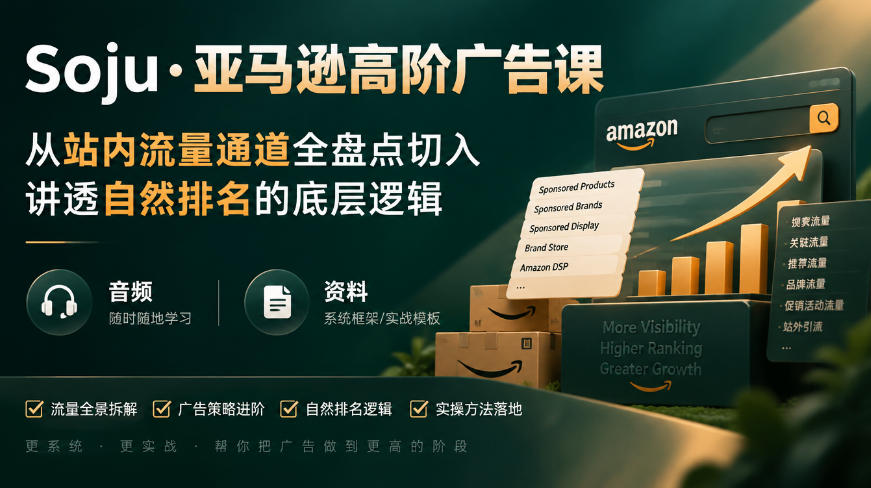 亚马逊高阶广告课，从站内流量通道全盘点切入，讲透自然排名的底层逻辑(直播+音频+资料)-985网创