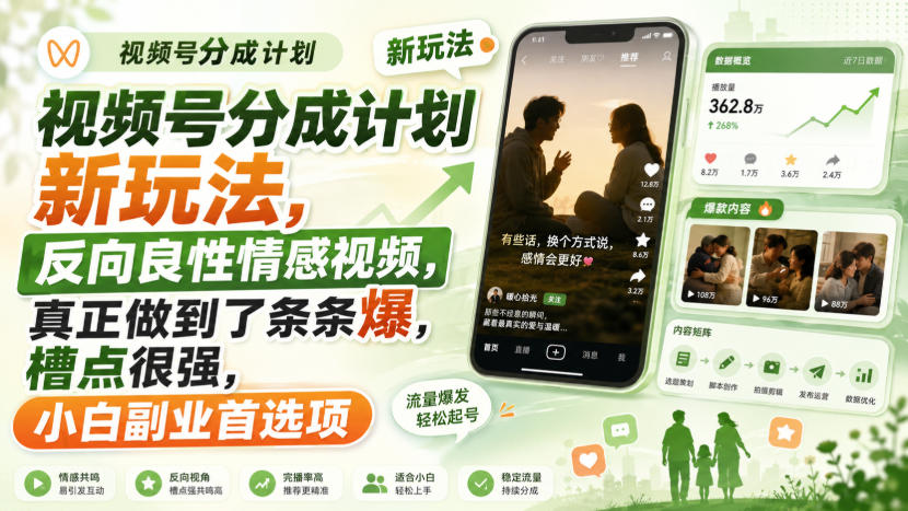 视频号分成计划新玩法，反向良性情感视频，真正做到了条条爆，槽点很强，小白副业首选项-985网创