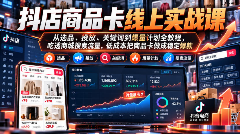 抖店商品卡线上实战课｜从选品、投放、关键词到爆量计划全教程，吃透商城搜索流量，低成本把商品卡做成稳定爆款-985网创