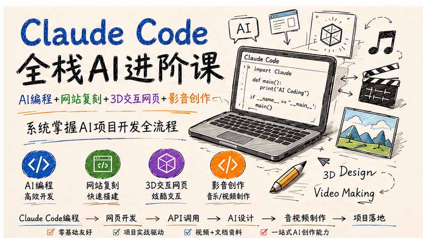 Claude Code全栈AI进阶课；AI编程+网站复刻+3D交互网页+影音创作，系统掌握AI项目开发全流程-985网创