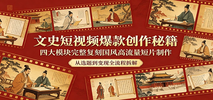 文史短视频爆款创作秘籍：四大模块完整复刻国风高流量短片制作-985网创