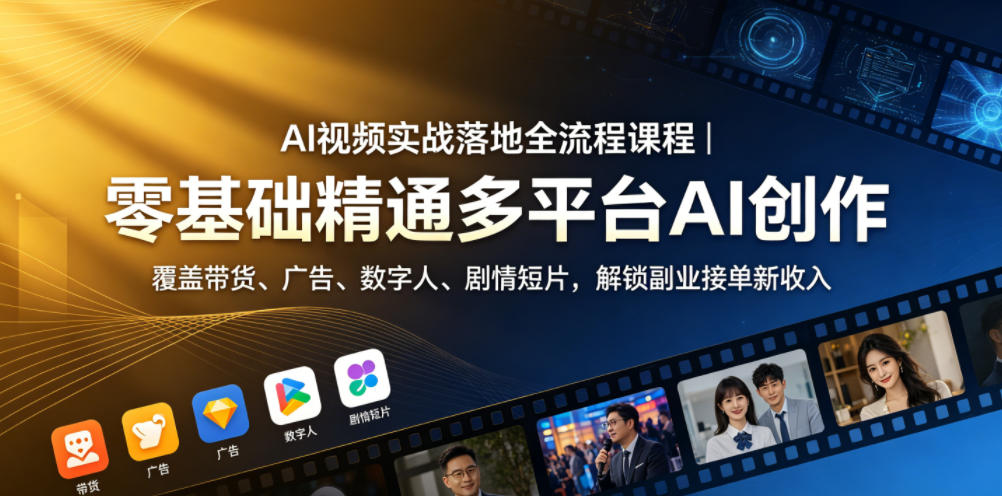AI视频实战落地全流程课程｜零基础精通多平台AI创作，覆盖带货、广告、数字人、剧情短片，解锁副业接单新收入-985网创