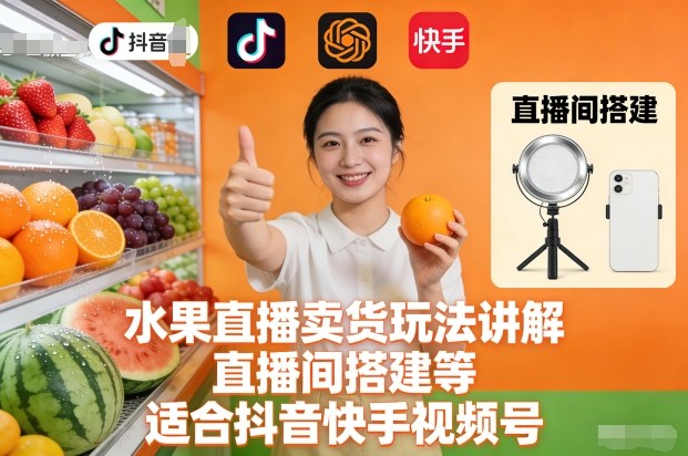 水果直播卖货玩法讲解、直播间搭建等，适合抖音快手视频号-985网创