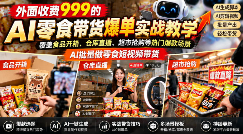 外面收费999的AI零食带货爆单实战教学，覆盖食品开箱、仓库直播、超市抢购等热门爆款场景，AI批量做零食短视频带货-985网创