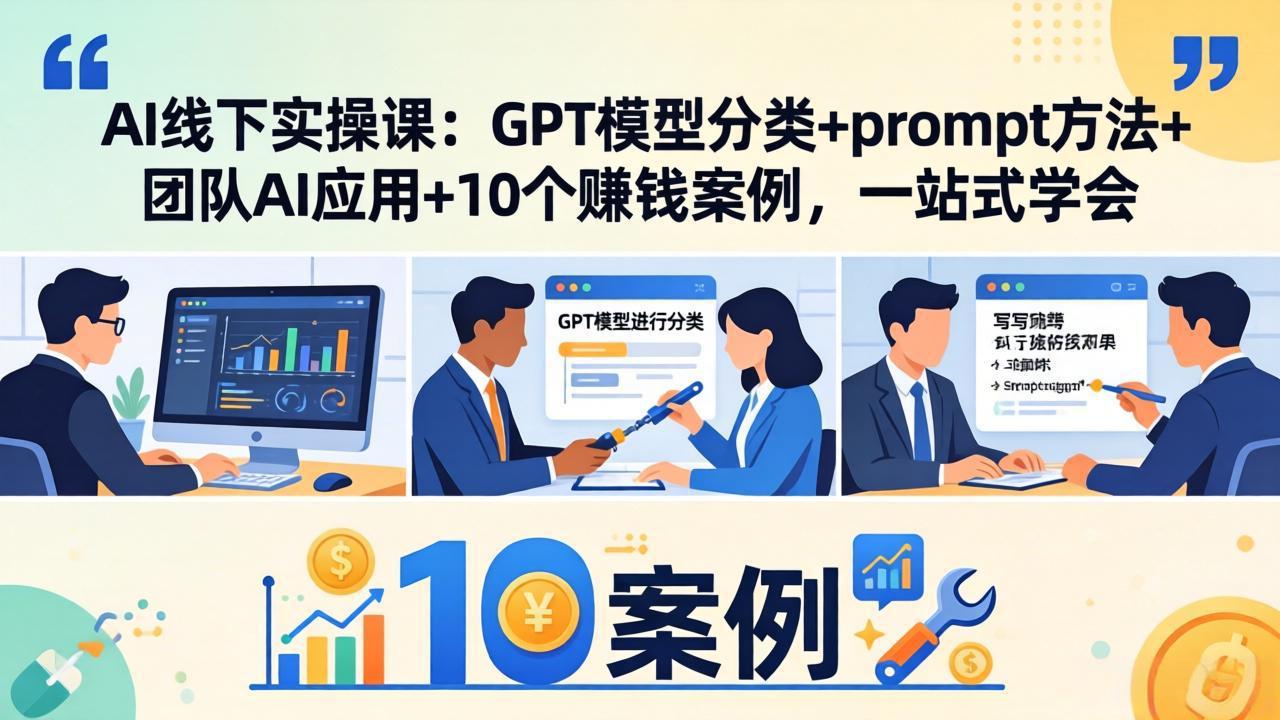 AI线下实操课：GPT模型分类+prompt方法+团队AI应用+10个赚钱案例，一站式学会-985网创