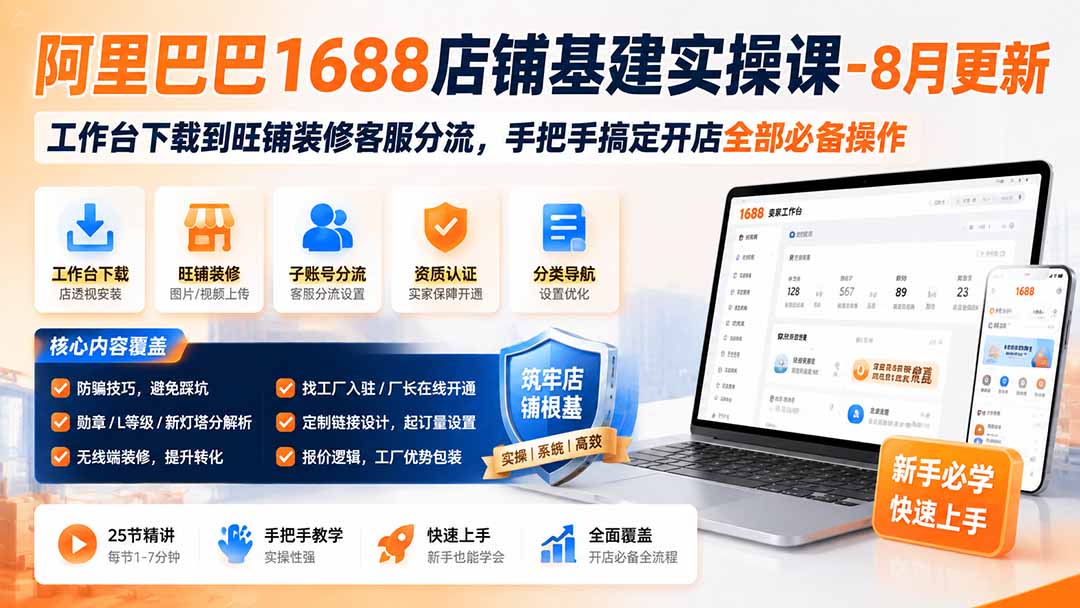 阿里巴巴1688店铺基建实操课-8月更新；工作台下载到旺铺装修客服分流，手把手搞定开店全部必备操作-985网创
