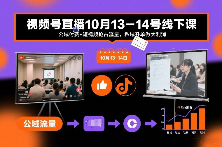 视频号直播10月13-14号线下课，公域付费+短视频抢占流量，私域升单做大利消-985网创