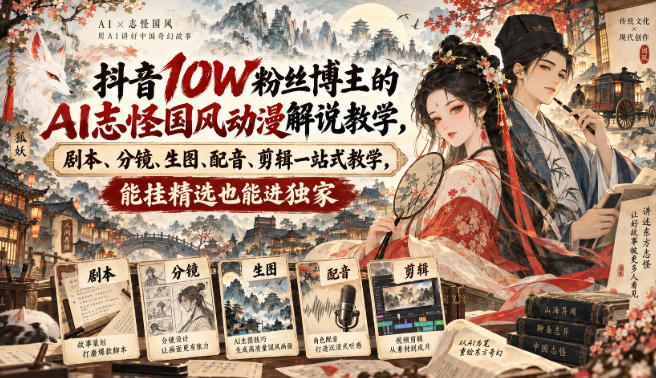 抖音10W粉丝博主满堂诡事的AI志怪国风动漫解说教学，剧本、分镜、生图、配音、剪辑一站式教学，能挂精选也能进独家​-985网创