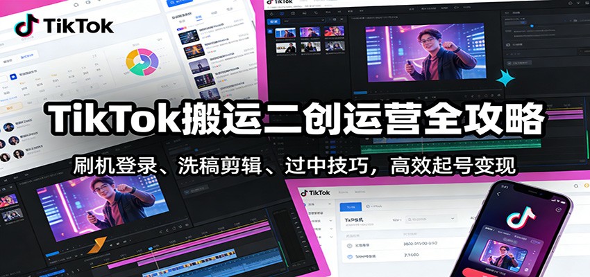 TikTok搬运二创运营全攻略：刷机登录、洗稿剪辑 、过中技巧，高效起号变现-985网创