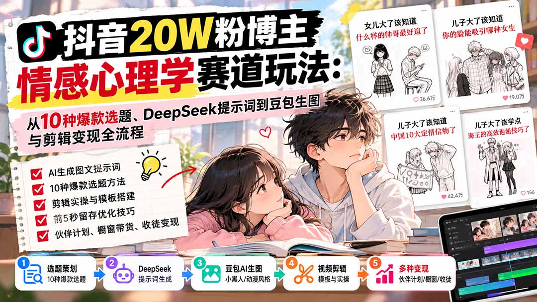 抖音20W粉博主-情感心理学赛道玩法：从10种爆款选题、DeepSeek提示词到豆包生图与剪辑变现全流程-985网创