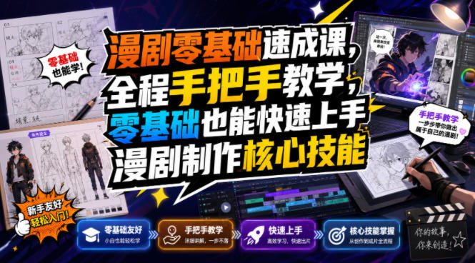 漫剧零基础速成课，全程手把手教学，零基础也能快速上手漫剧制作核心技能-985网创