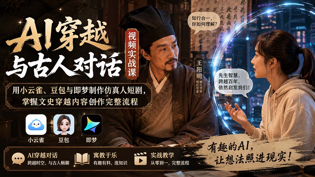AI穿越与古人对话视频实战课：用小云雀、豆包与即梦制作仿真人短剧，掌握文史穿越内容创作完整流程-985网创