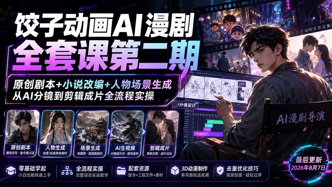 饺子动画AI漫剧全套课第二期：原创剧本+小说改编+人物场景生成，从AI分镜到剪辑成片全流程实操-985网创